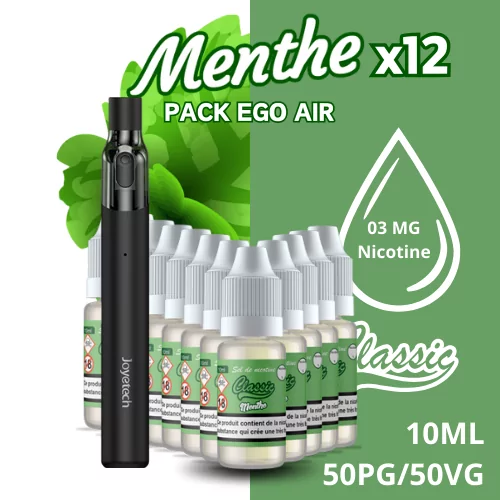 Pack EGO AIR et 12 flacons e-Liquide Menthe CLASSIC LIQUIDE 10ML - 03MG de nicotine - 50PG 50VG - e-clopevape.com - image du kit