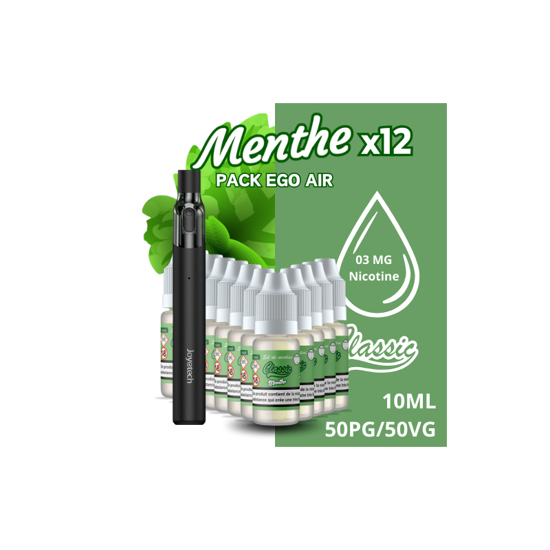 Pack EGO AIR et 12 flacons e-Liquide Menthe CLASSIC LIQUIDE 10ML - 03MG de nicotine - 50PG 50VG - e-clopevape.com - image du kit