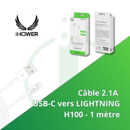 Câble USB-A vers LIGHTNING - 1 mètre 2.1 A - IHOWER H100 - e-clopevape.com - blister