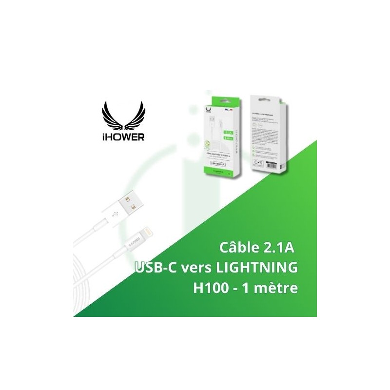 Câble USB-A vers LIGHTNING - 1 mètre 2.1 A - IHOWER H100 - e-clopevape.com - blister