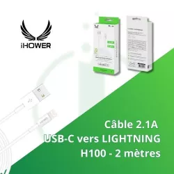Câble USB-A vers LIGHTNING - 2 mètres 2.1 A - IHOWER H200 - llintech.fr - blister