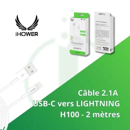 Câble USB-A vers LIGHTNING - 2 mètres 2.1 A - IHOWER H200 - llintech.fr - blister